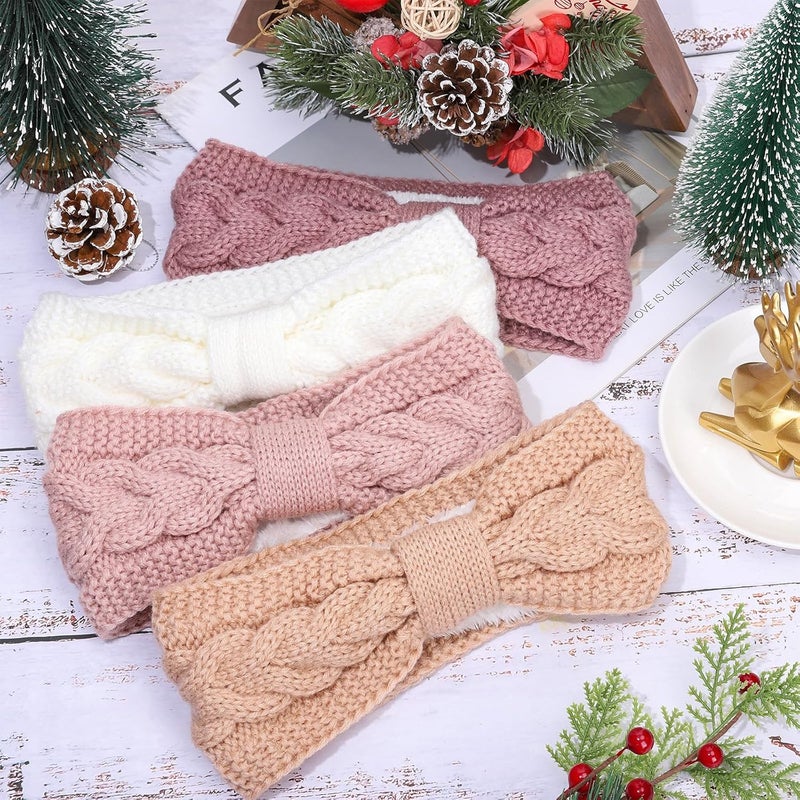 Whaline 4 Pack Twisted Knit Headband Winter Knotted Head Wraps Fuzzy Lined Headband Thick Crochet Turban Ear Warmer Elastic Hair Band Accessories for Women (White, Pink, Purple) - Image 4